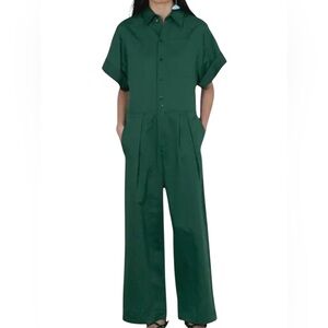 Tibi Cotton Linen Sateen Short Sleeve Collared Button-Up Wide Leg Jumpsuit